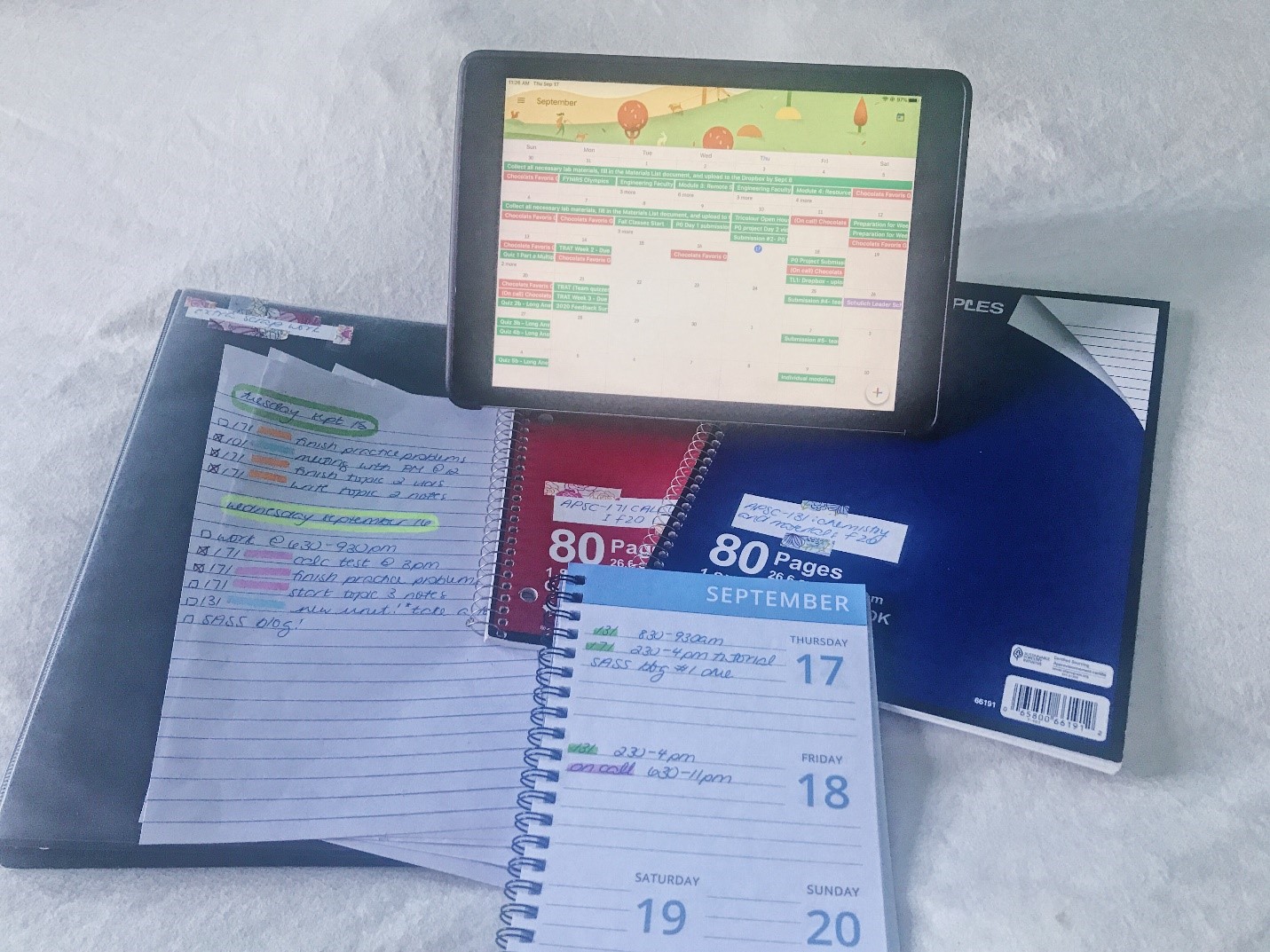 Liyi's organized schedule and notebooks