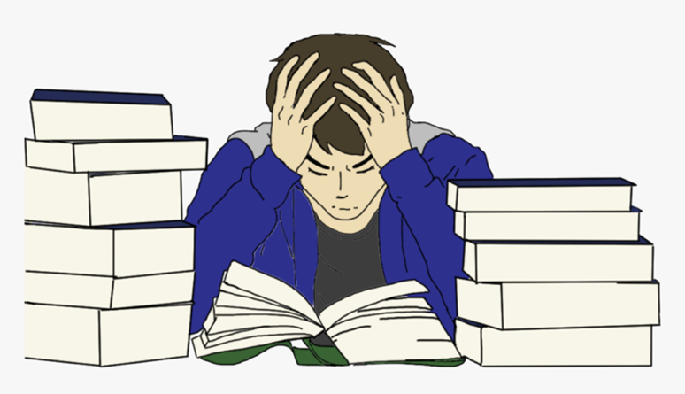 drawing of a student bent over books