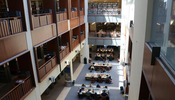 bird's eye view of Stauffer Library interior