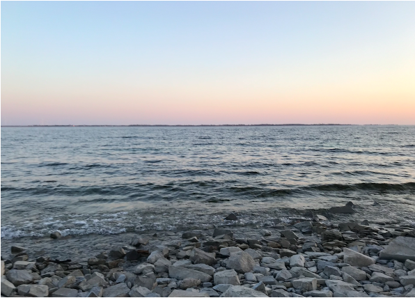 "rocks and the water against a pale sunset in Lake Ontario"