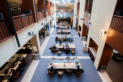 Desks in overhead shot of Stauffer Library